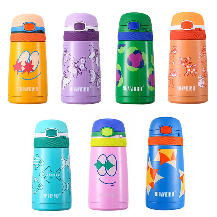 Stainless Steel Bottle - Kids Vacuum Insulated with Straw and Portable Ring, 350ml - WBS0036