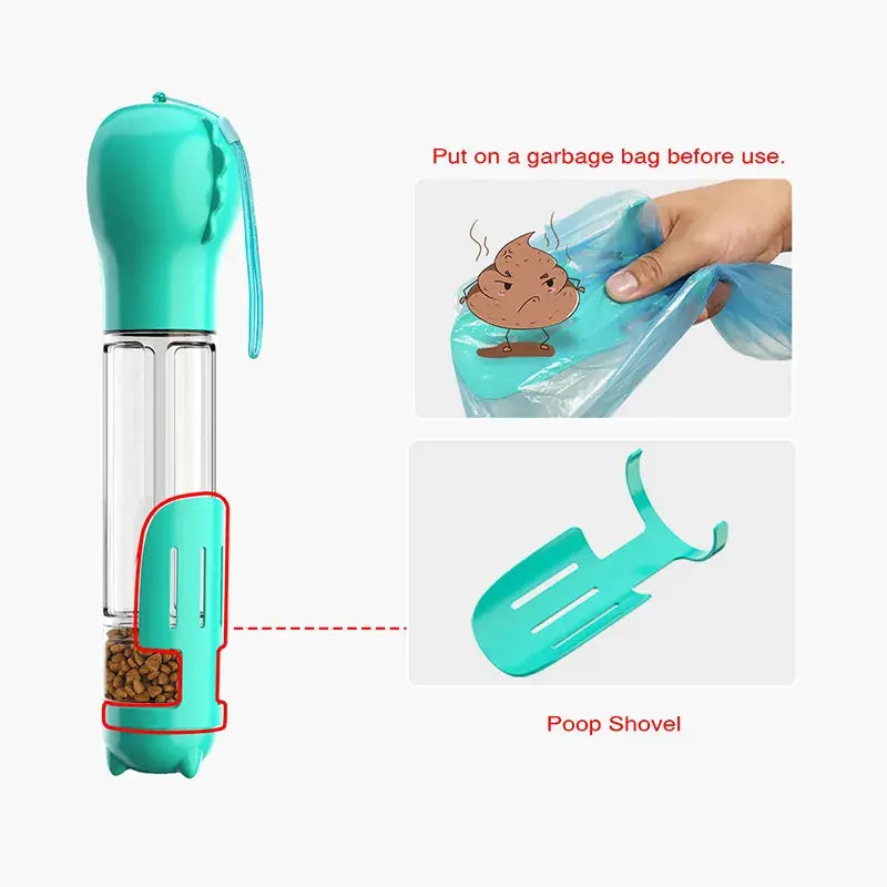 PBF0005 4-in-1 Pet Water Bottle with Poop Shovel and Bags - Portable Drinking Feeder Bowl