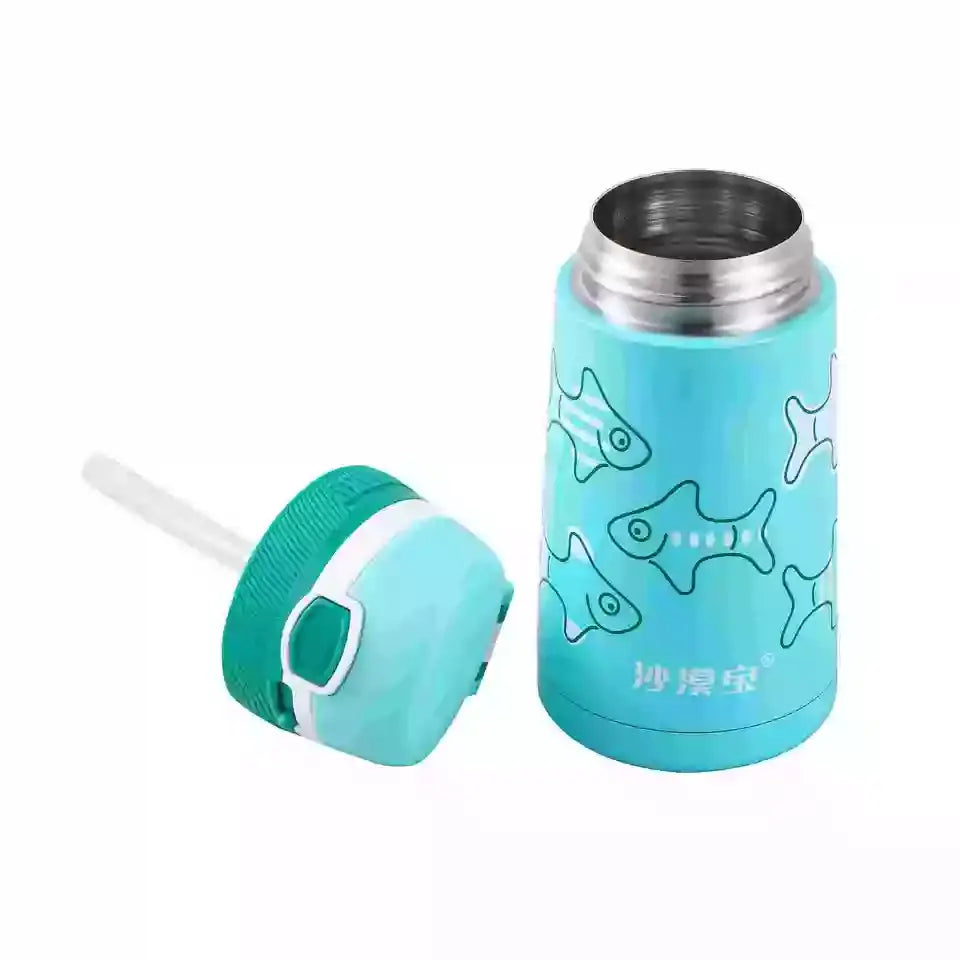 Stainless Steel Bottle - Kids Vacuum Insulated with Straw and Portable Ring, 350ml - WBS0036