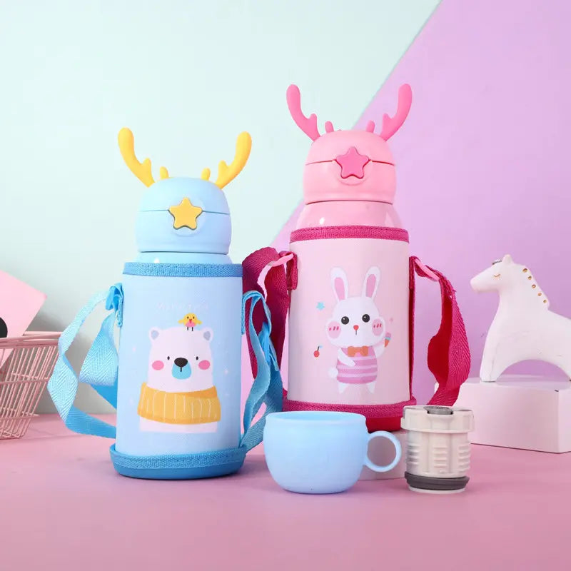 Stainless Steel Cartoon Children's Vacuum Insulation with Straw Bottle - 500ml