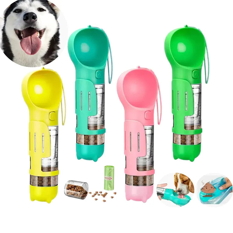 PBF0005 4-in-1 Pet Water Bottle with Poop Shovel and Bags - Portable Drinking Feeder Bowl