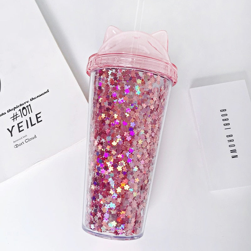 NEW Creative Plastic BPA Free crystal Water Bottle Flash Cat Ear Double layer Drinking Bottle Water Cup Gift Child Drinkware