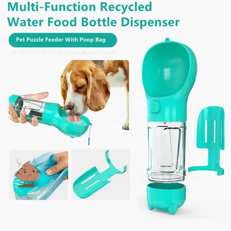 PBF0005 4-in-1 Pet Water Bottle with Poop Shovel and Bags - Portable Drinking Feeder Bowl