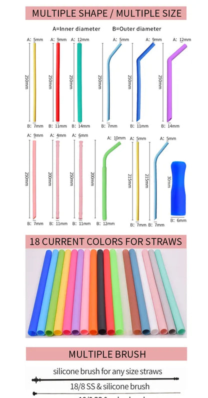 RSI0001 Eco-Friendly Reusable Silicone Straws - Multicolour, Includes Brush and Case (Popular Choice)