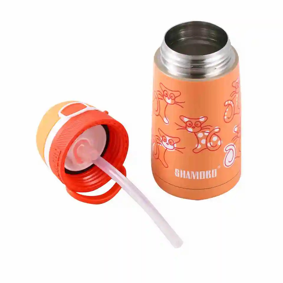 Stainless Steel Bottle - Kids Vacuum Insulated with Straw and Portable Ring, 350ml - WBS0036