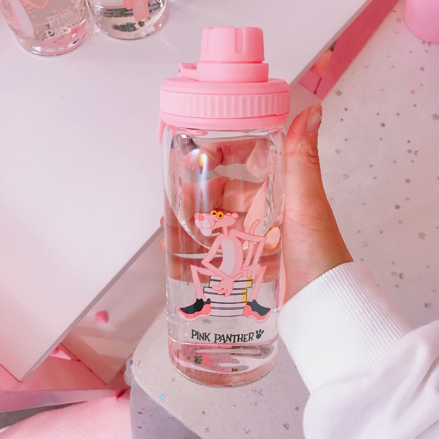 Pink Panther Water Bottle 350ml Cute Portable My Bottle Sport Shaker Squeeze Cartoon Transparent Milk Tea Coffee Glass Bottles