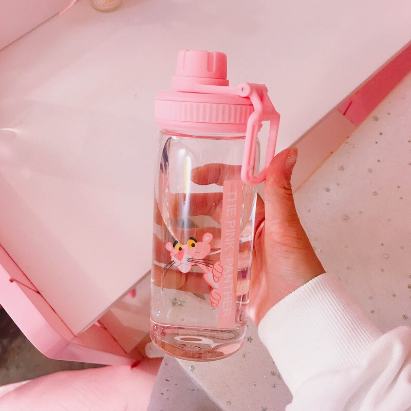 Pink Panther Water Bottle 350ml Cute Portable My Bottle Sport Shaker Squeeze Cartoon Transparent Milk Tea Coffee Glass Bottles