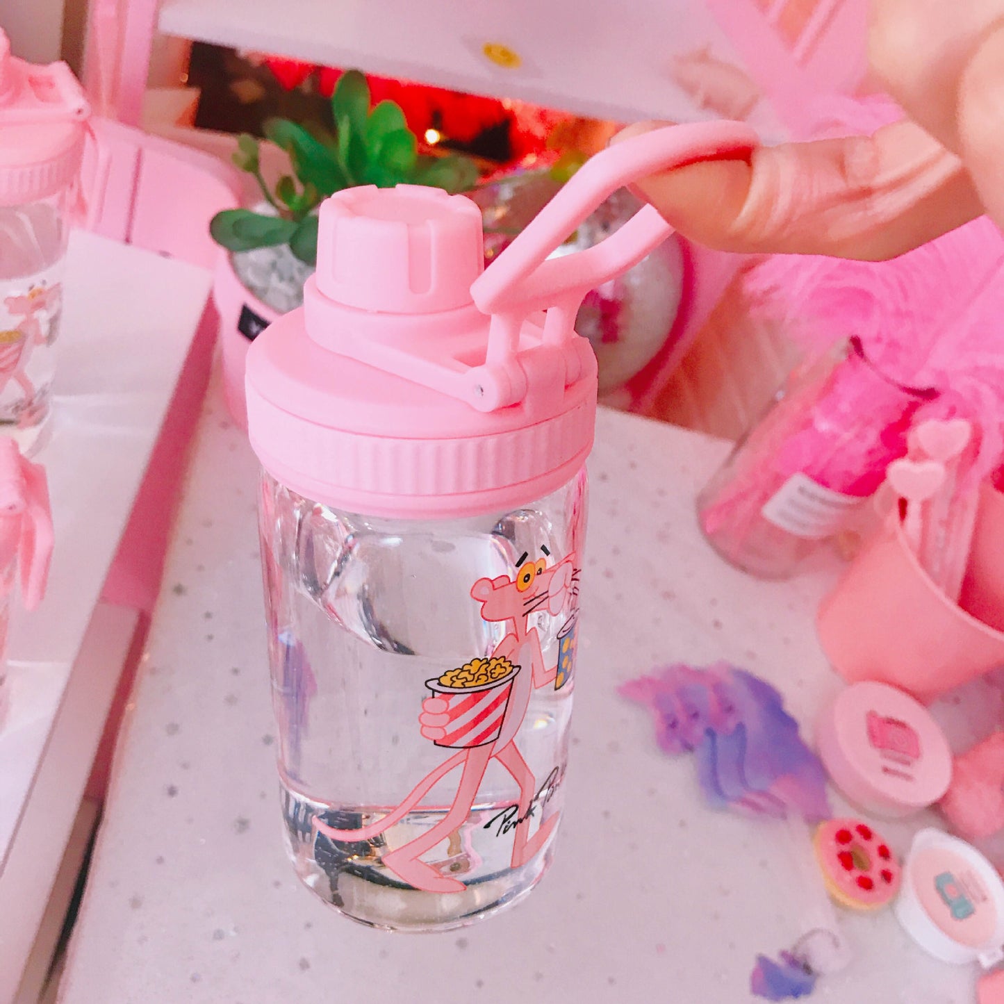 Pink Panther Water Bottle 350ml Cute Portable My Bottle Sport Shaker Squeeze Cartoon Transparent Milk Tea Coffee Glass Bottles