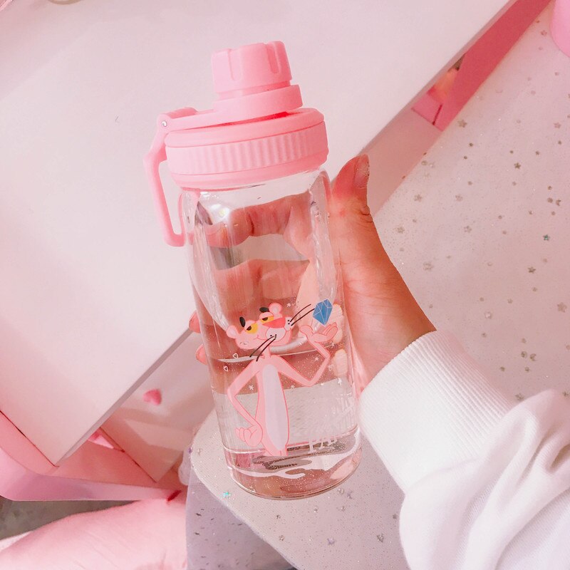 Pink Panther Water Bottle 350ml Cute Portable My Bottle Sport Shaker Squeeze Cartoon Transparent Milk Tea Coffee Glass Bottles