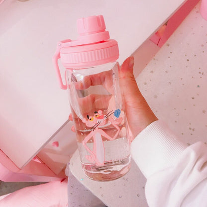 Pink Panther Water Bottle 350ml Cute Portable My Bottle Sport Shaker Squeeze Cartoon Transparent Milk Tea Coffee Glass Bottles