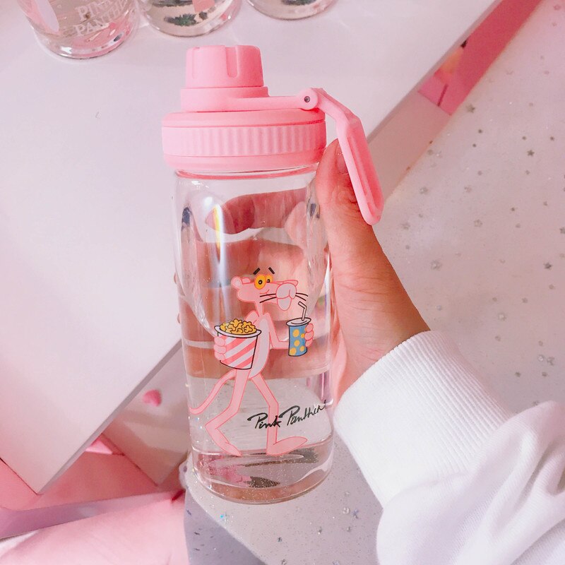 Pink Panther Water Bottle 350ml Cute Portable My Bottle Sport Shaker Squeeze Cartoon Transparent Milk Tea Coffee Glass Bottles