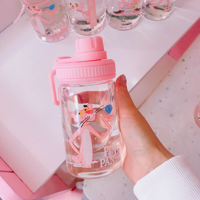 Pink Panther Water Bottle 350ml Cute Portable My Bottle Sport Shaker Squeeze Cartoon Transparent Milk Tea Coffee Glass Bottles