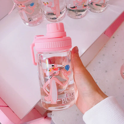 Pink Panther Water Bottle 350ml Cute Portable My Bottle Sport Shaker Squeeze Cartoon Transparent Milk Tea Coffee Glass Bottles