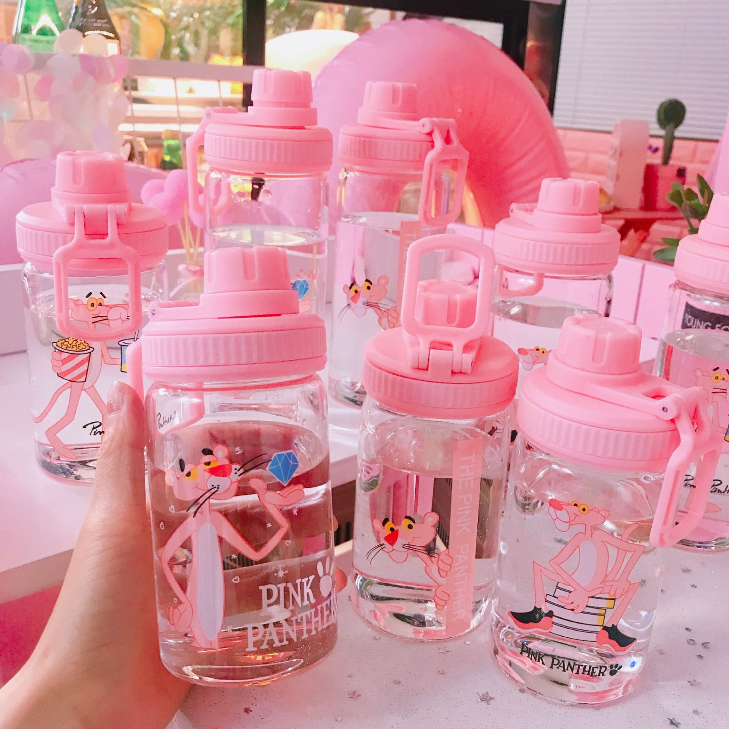 Pink Panther Water Bottle 350ml Cute Portable My Bottle Sport Shaker Squeeze Cartoon Transparent Milk Tea Coffee Glass Bottles