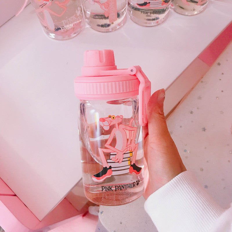 Pink Panther Water Bottle 350ml Cute Portable My Bottle Sport Shaker Squeeze Cartoon Transparent Milk Tea Coffee Glass Bottles