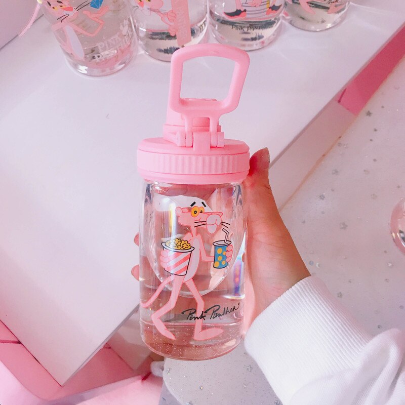 Pink Panther Water Bottle 350ml Cute Portable My Bottle Sport Shaker Squeeze Cartoon Transparent Milk Tea Coffee Glass Bottles