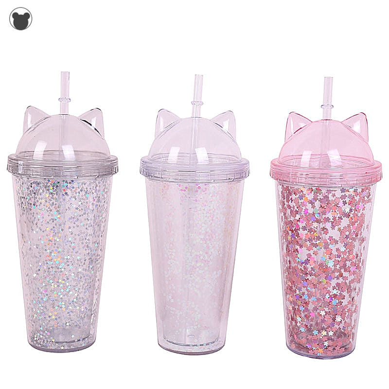 NEW Creative Plastic BPA Free crystal Water Bottle Flash Cat Ear Double layer Drinking Bottle  Water Cup Gift Child Drinkware