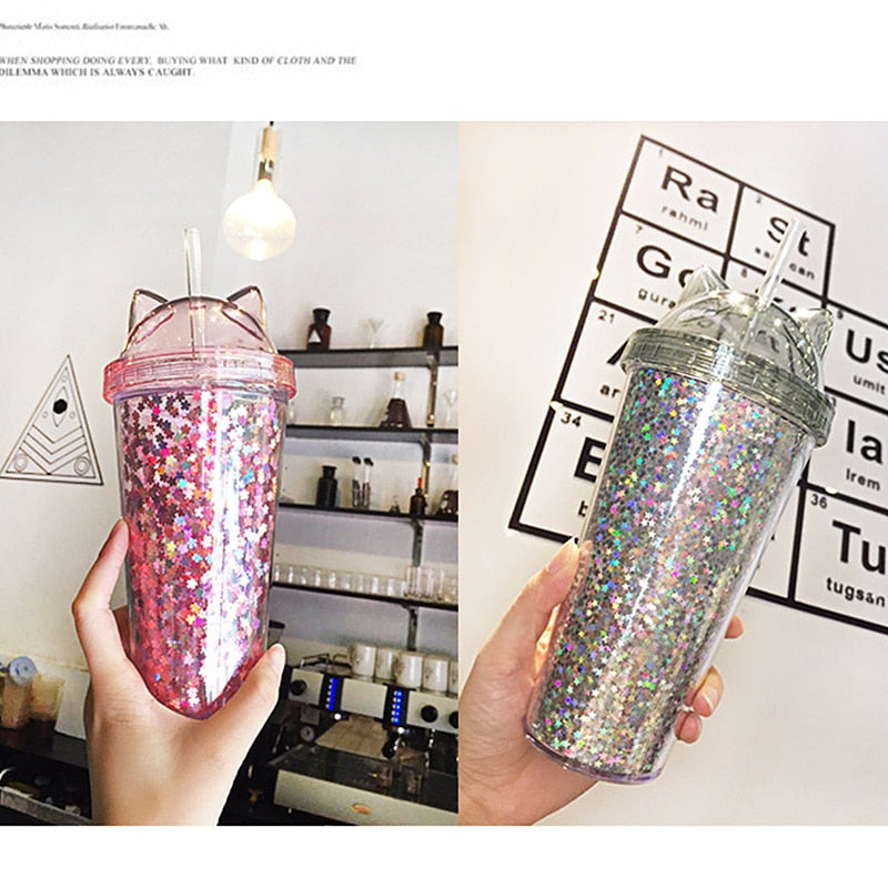 Plastic Cups With Straw Sequin Double Layer Water Bottle Cat Ear