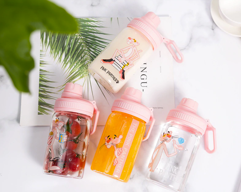 Pink Panther Water Bottle 350ml Cute Portable My Bottle Sport Shaker Squeeze Cartoon Transparent Milk Tea Coffee Glass Bottles